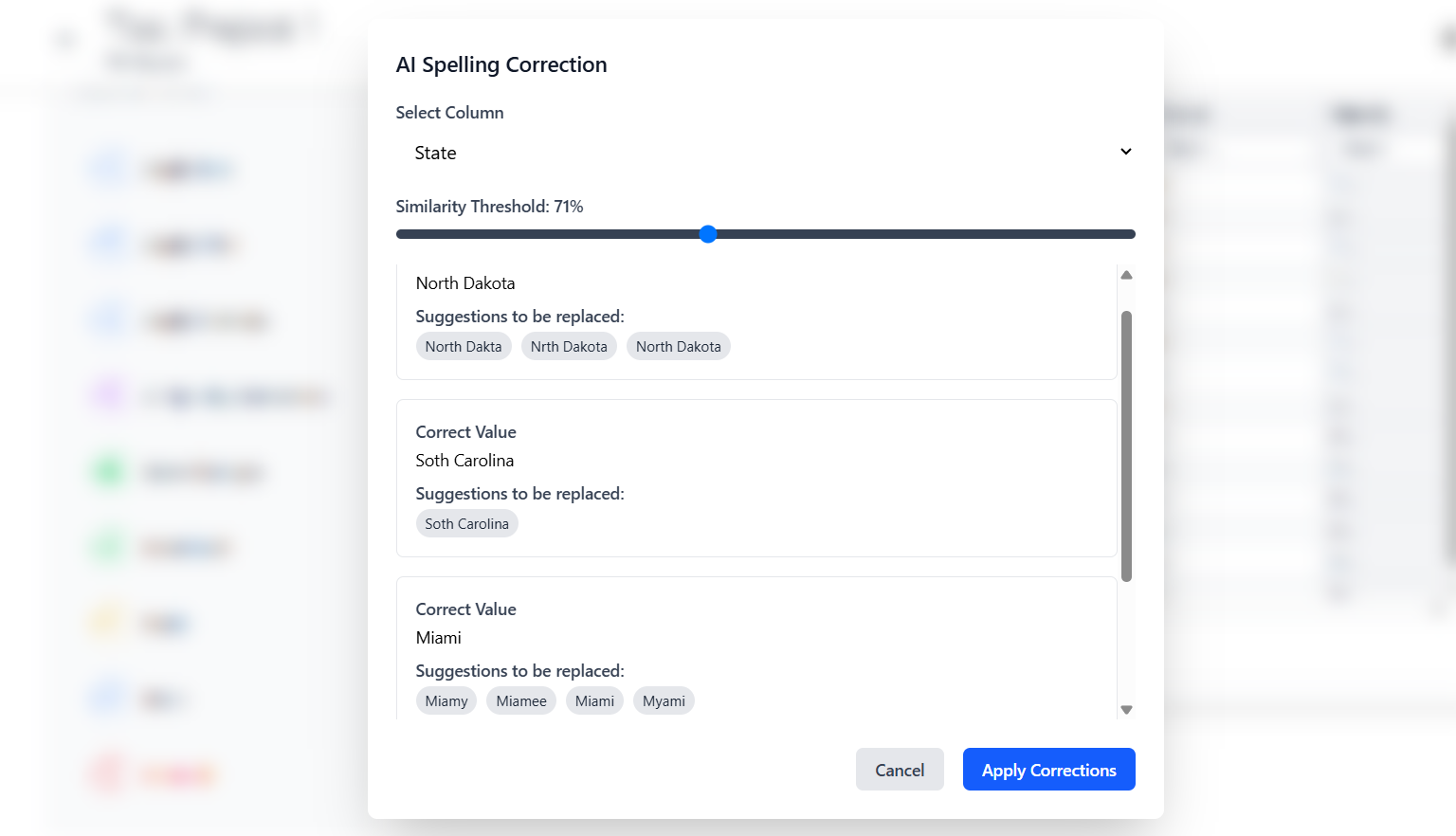AI Spelling Checker interface showing data correction