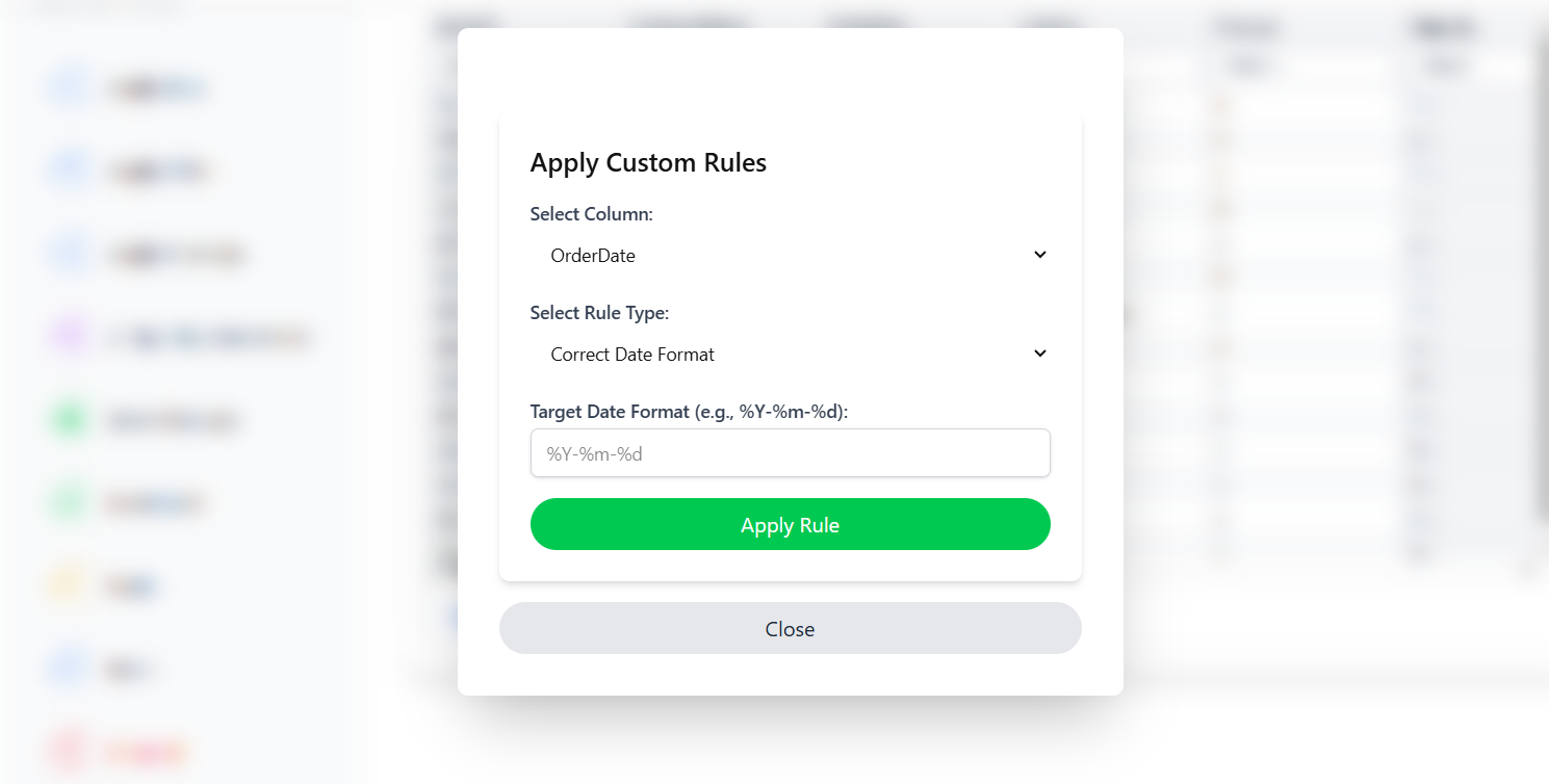 Apply custom rules interface showing data validation options